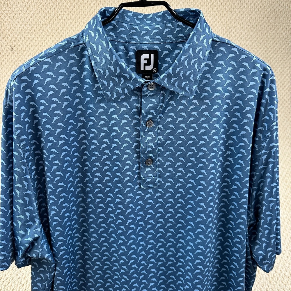 FootJoy Polo Shirt Men XL Blue Lisle Leaping Dolphins Print AOP Performance Golf